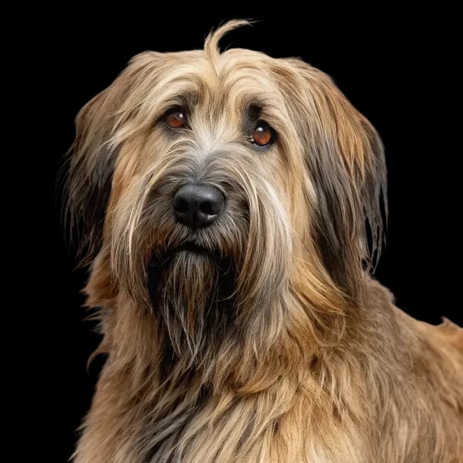 A Briard dog looking straight ahead