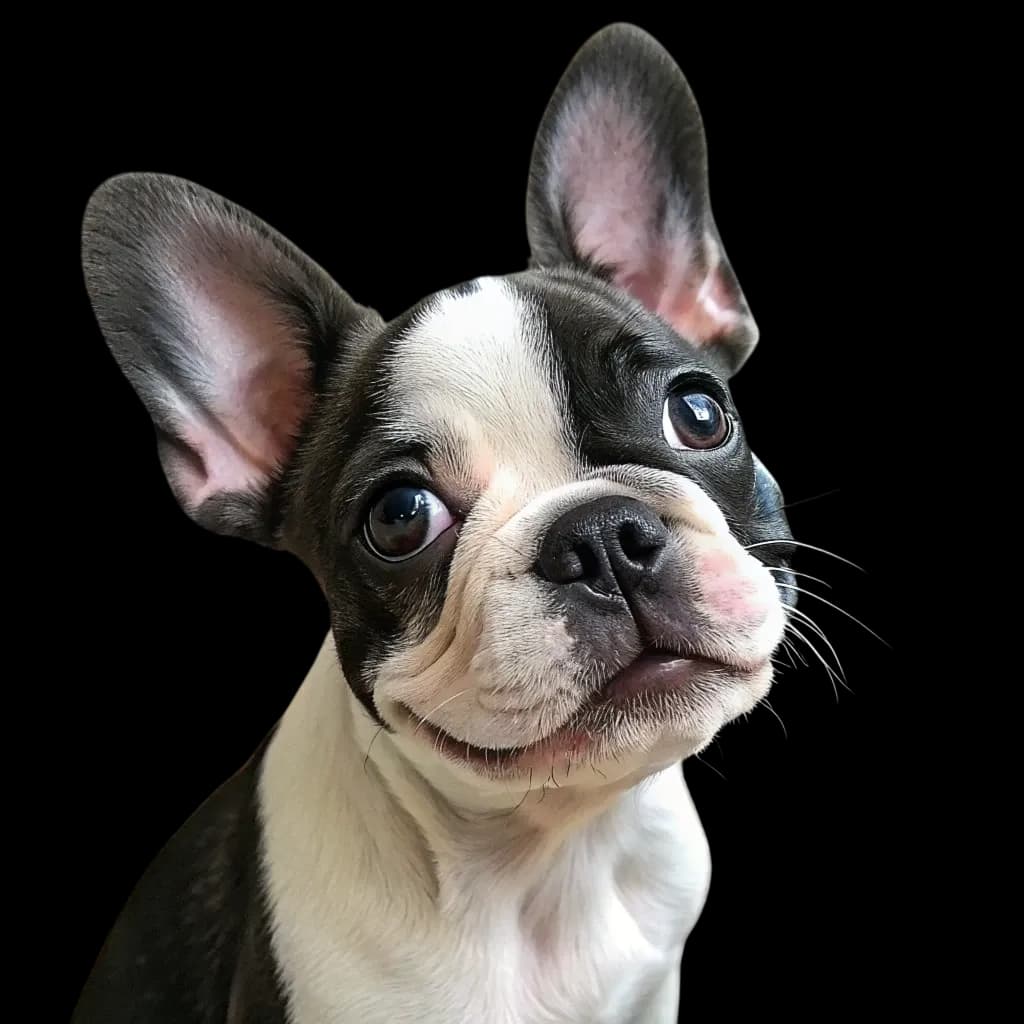 A Frenchton dog, which is an adorable mix between a French bulldog and a Boston Terrier.
