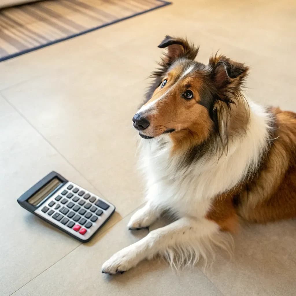 A Scotch Collie sitting on a beige carpet inside with a calculator