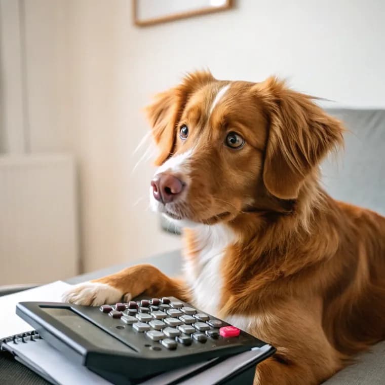 Nova Scotia Duck Tolling Retriever sitting with a calculator