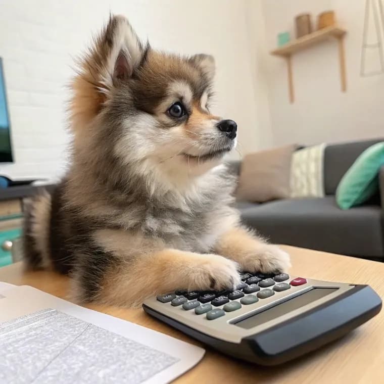 Pomsky sitting with a calculator