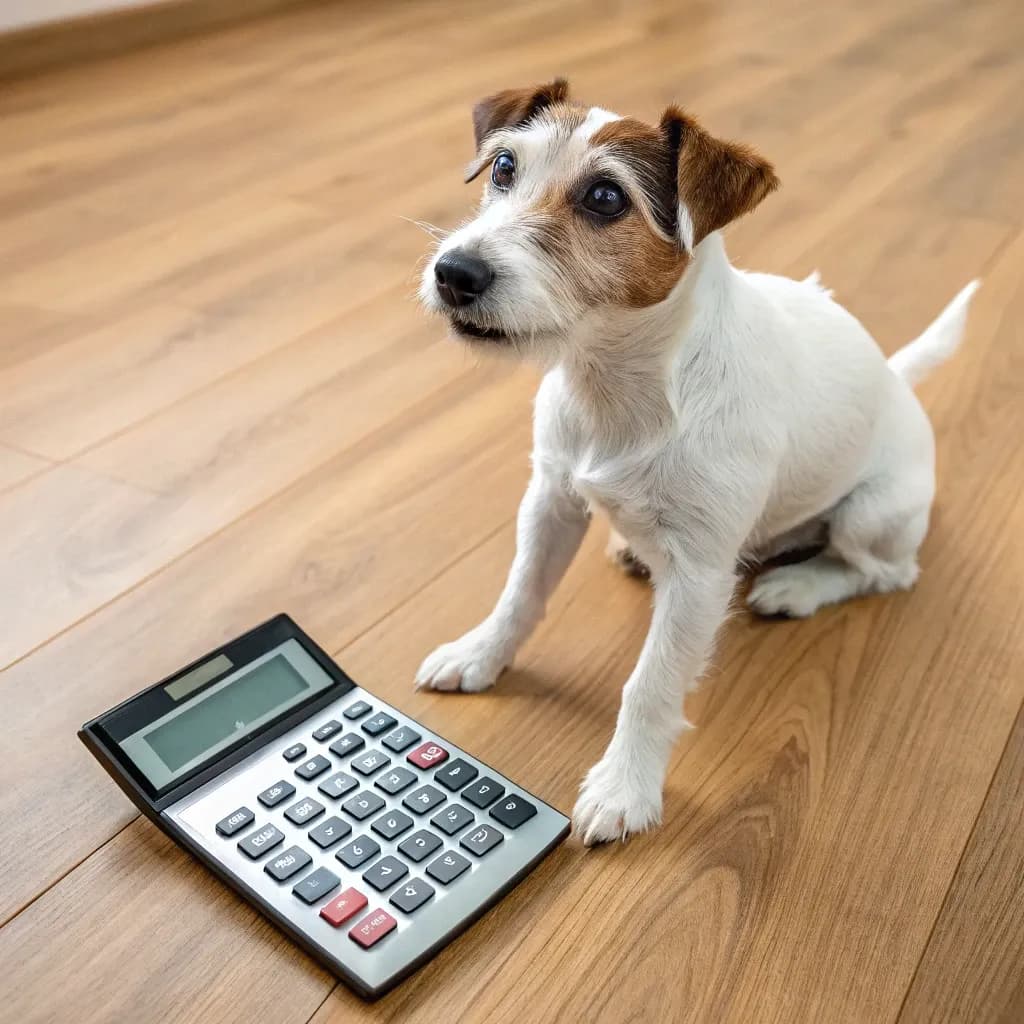 A PArson Russell Terrier dog sitting inside on the hardwood floor next to a calculator