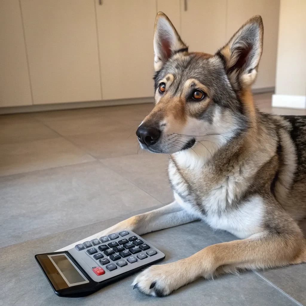A Tamaskan Dog sitting on a carpet on the tiled floor with a calculator