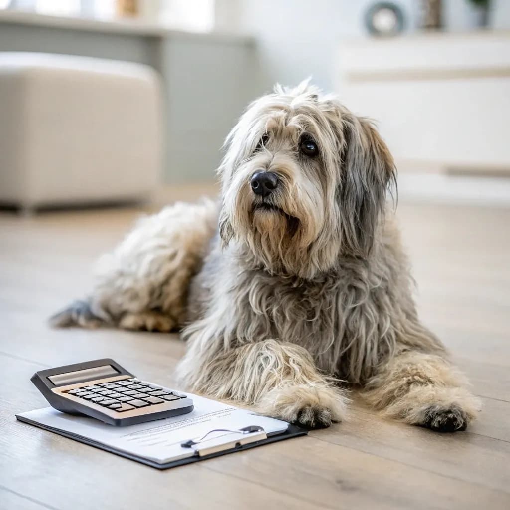 A photo of a Bergamasco Shepherd sitting inside on the hardwood floor with a calculator and notebook