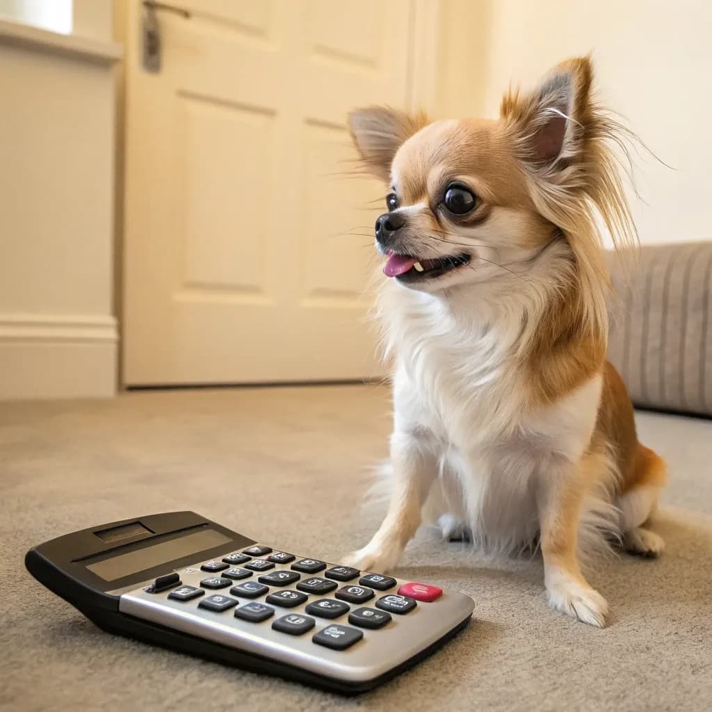 A long-haired chihuahua dog with white and blonde fur sitting inside with a calculator