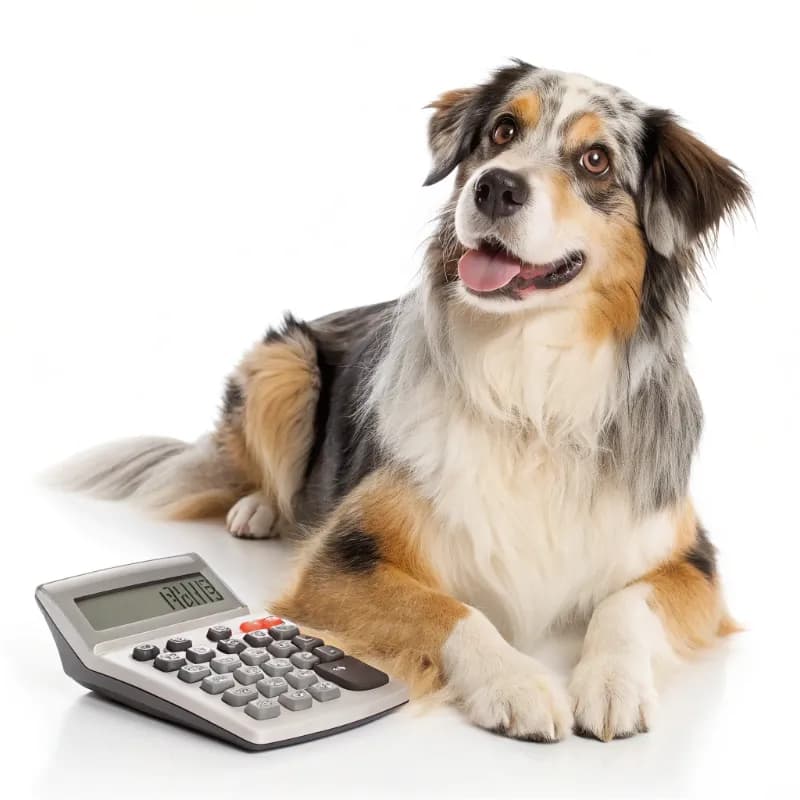 Australian Retriever sitting with a calculator