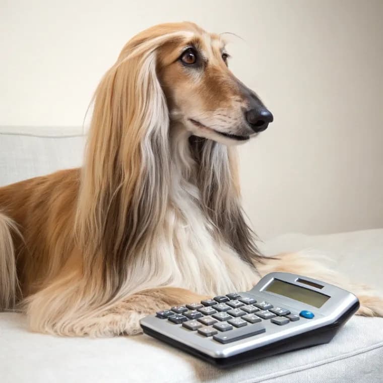 An Afghan Hound dog sitting with a calculator