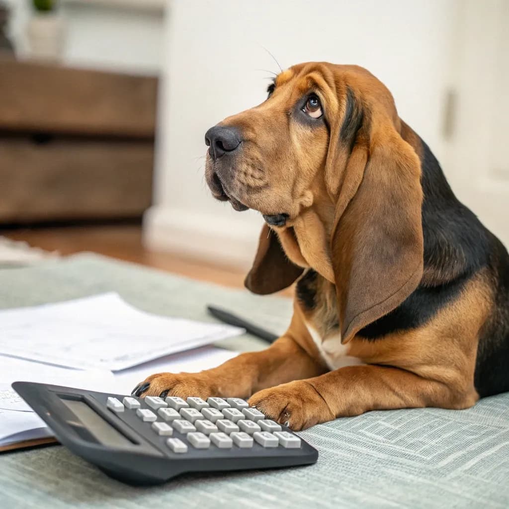 A bloodhound with puppy eyes looking up while sitting on the floor with a calculator
