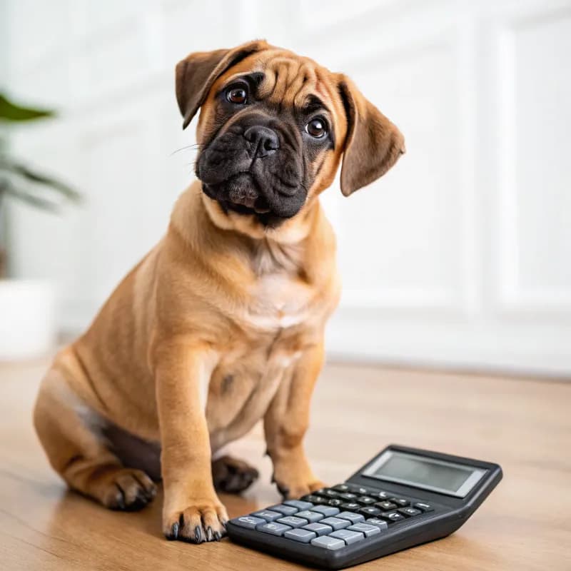 Bullmastiff sitting with a calculator