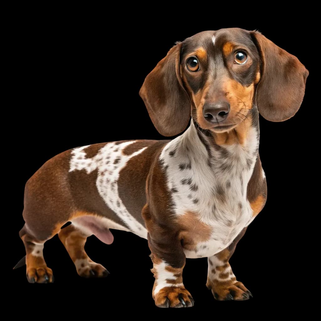 A full body photo of a Chocolate Piebald dachshund