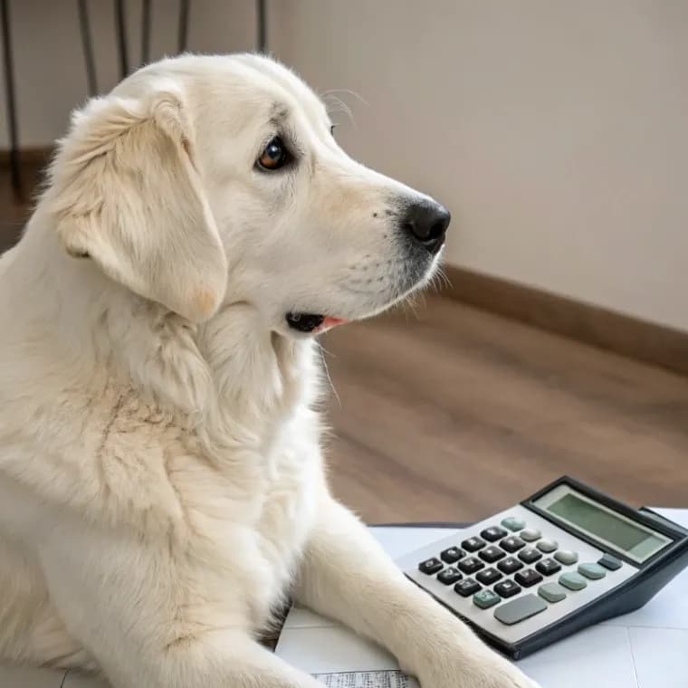 An Akbash dog with light fur sitting on the hardwood floor with a notebook and calculator