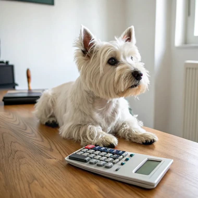 West Highland White Terrier sitting with a calculator