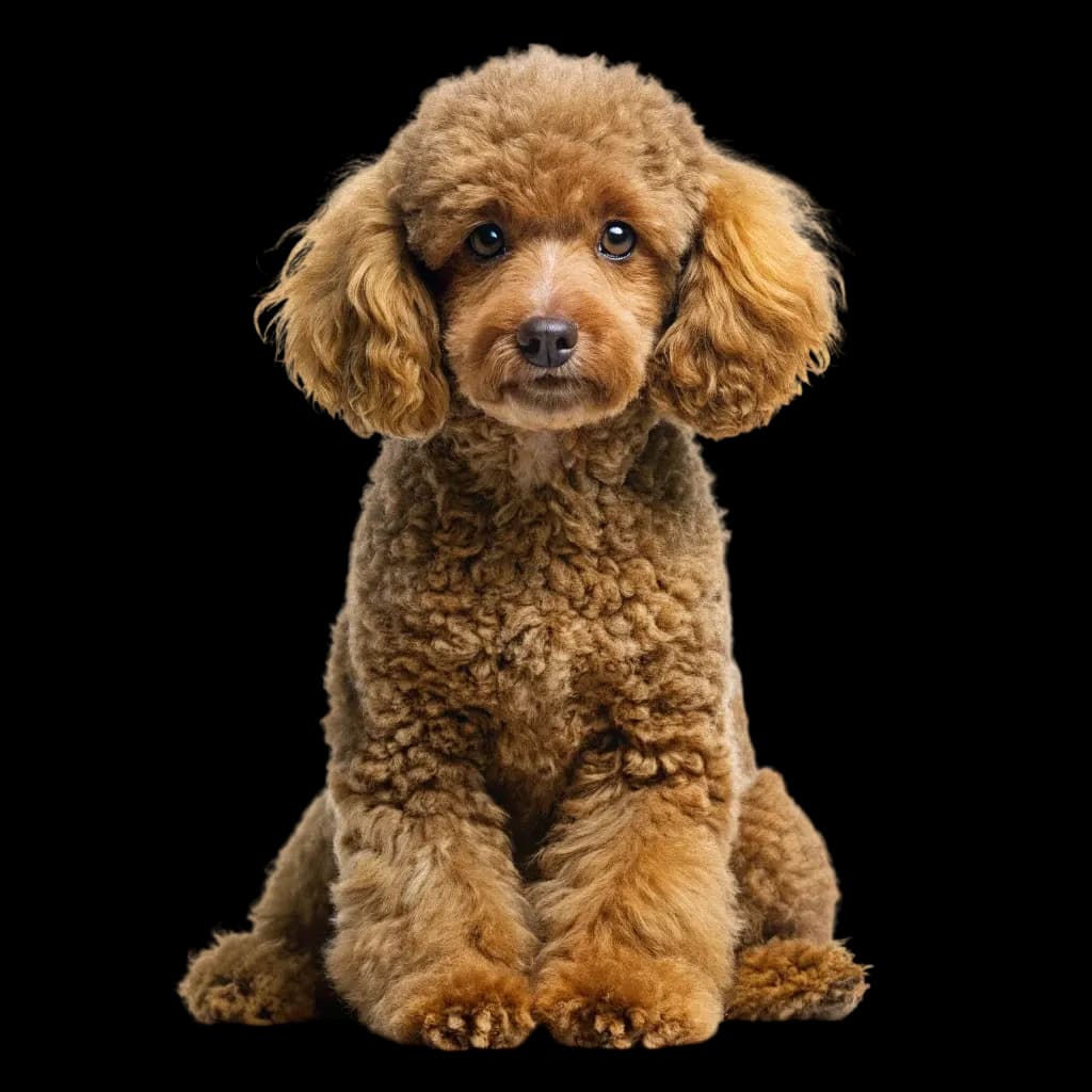 A miniature poodle with a brown coat looking straight ahead