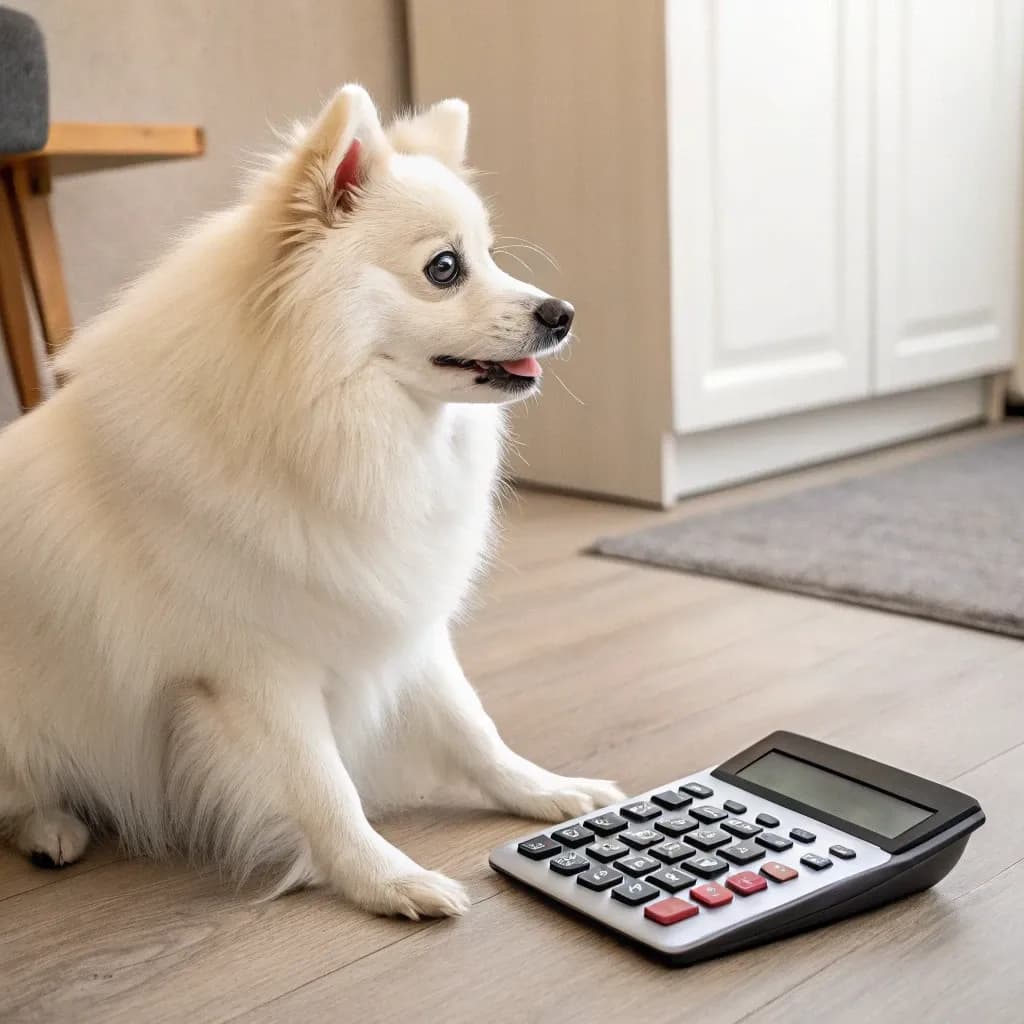 A Japanese Spitz sitting on the floor with a calculator