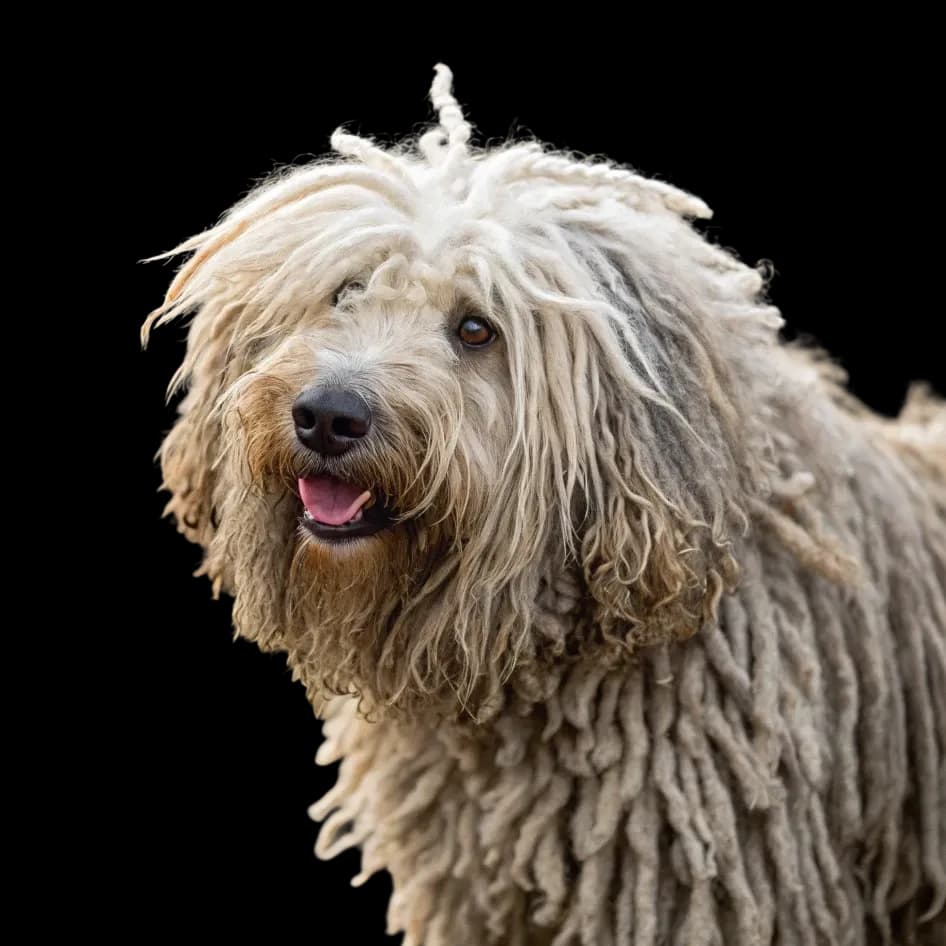 A headshot of a light furred Puli dog