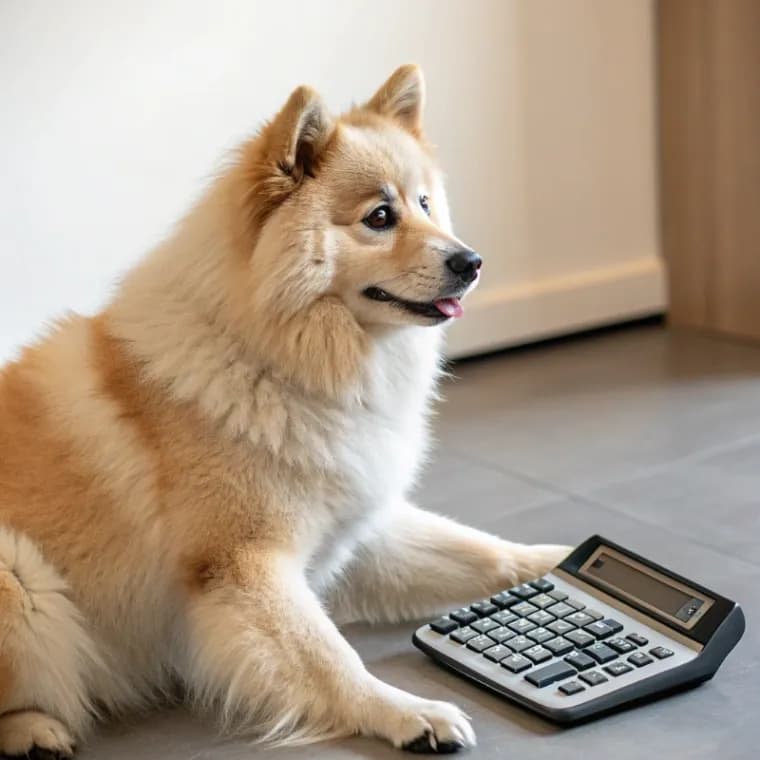 Icelandic Sheepdog sitting with a calculator
