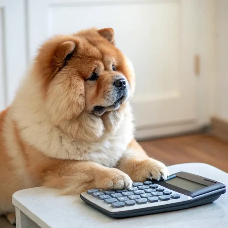 Chow Chow sitting with a calculator
