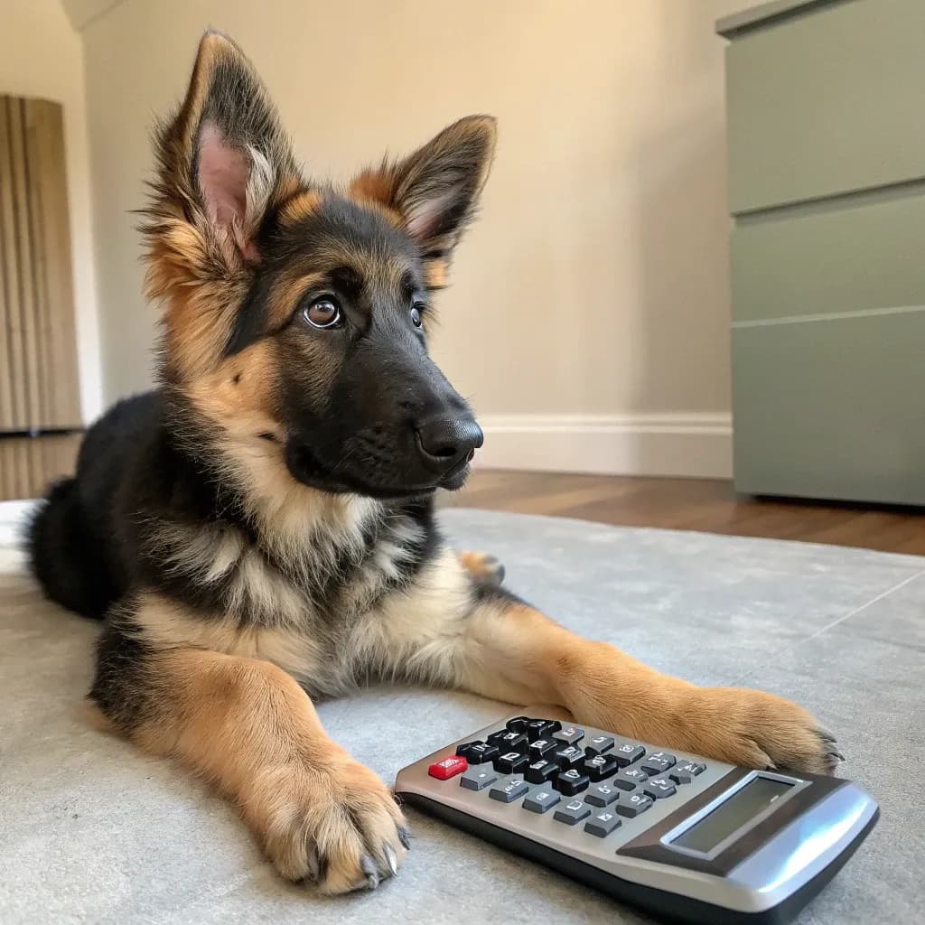 A King Shepherd dog sitting on a carpet on the floor with a calculator