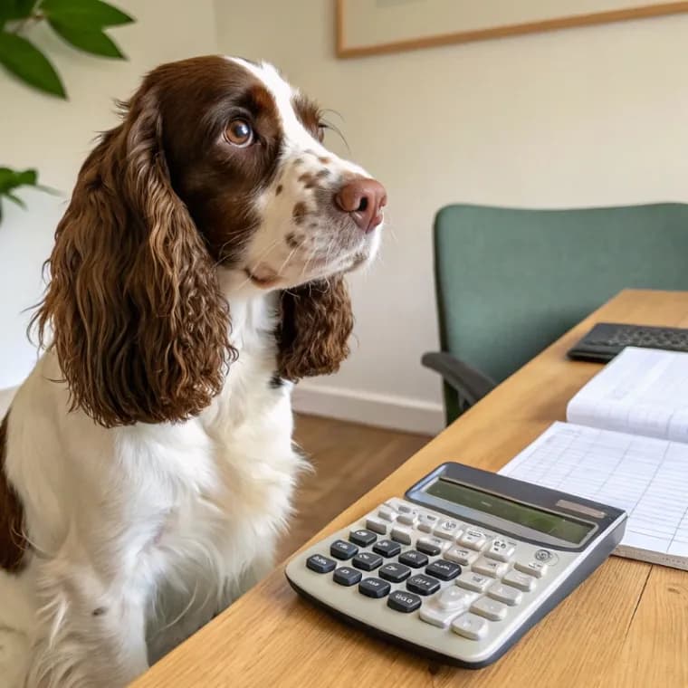 English Springer Spaniel sitting with a calculator