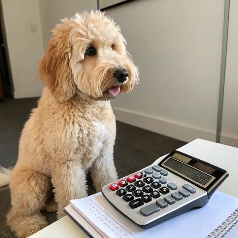 Whoodle sitting with a calculator