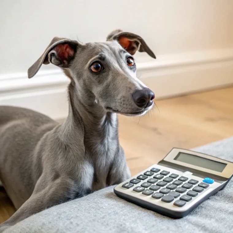 Greyhound sitting with a calculator