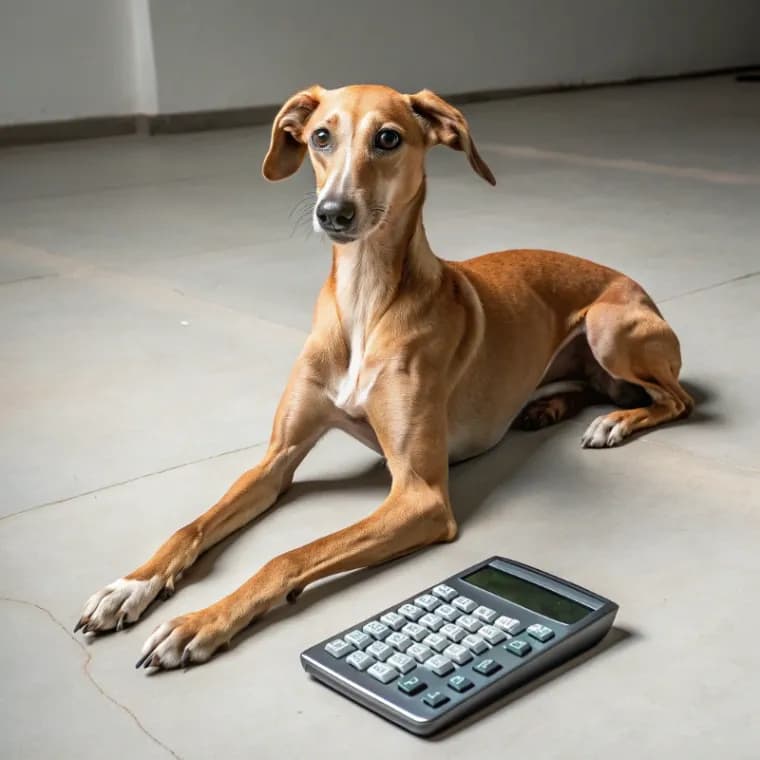 Azawakh sitting with a calculator