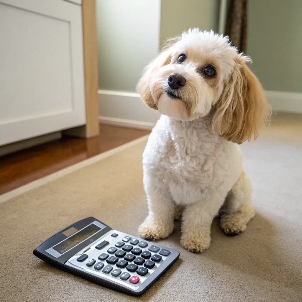 A cottonpoo sitting politely on the carpet with a calculator