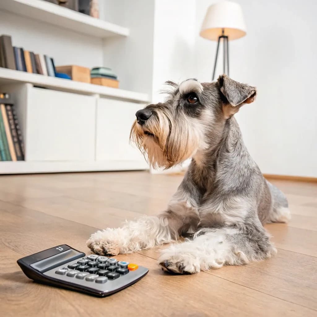 A grey and white Mini Schnauzer sitting with a calculator