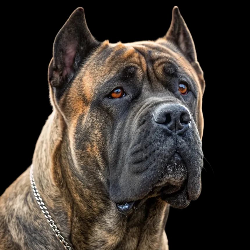 A headshot of a Presa Canario dog