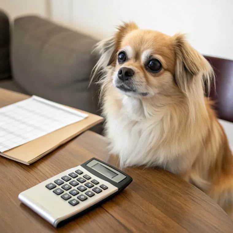 Tibetan Spaniel sitting with a calculator