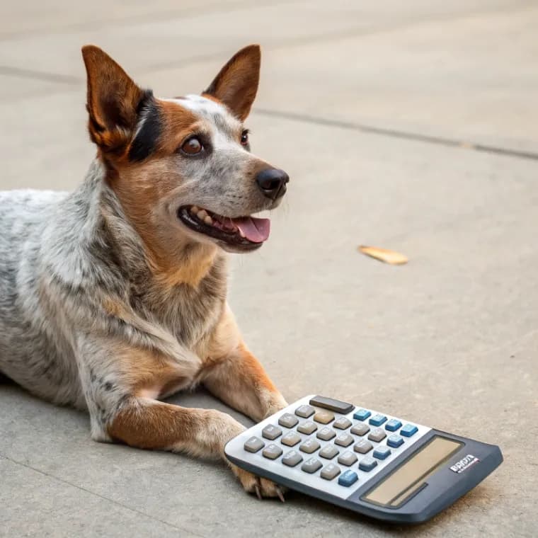 An Australian Stumpy Tail Cattle Dog sitting on the sidewalk with a large calculator