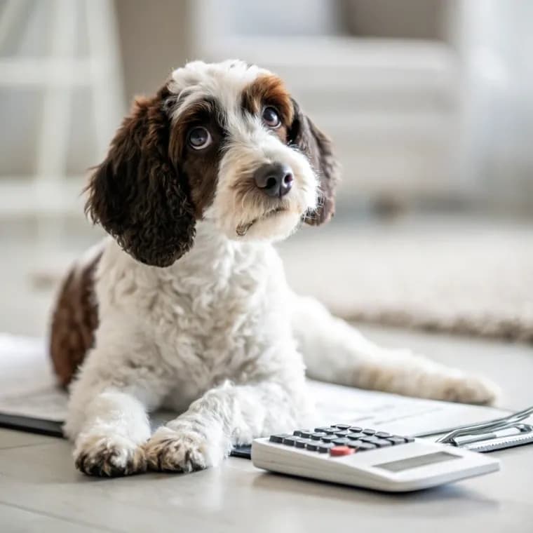Springerdoodle sitting with a calculator