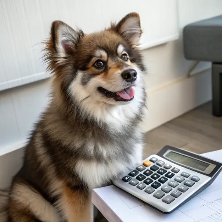 Finnish Lapphund sitting with a calculator
