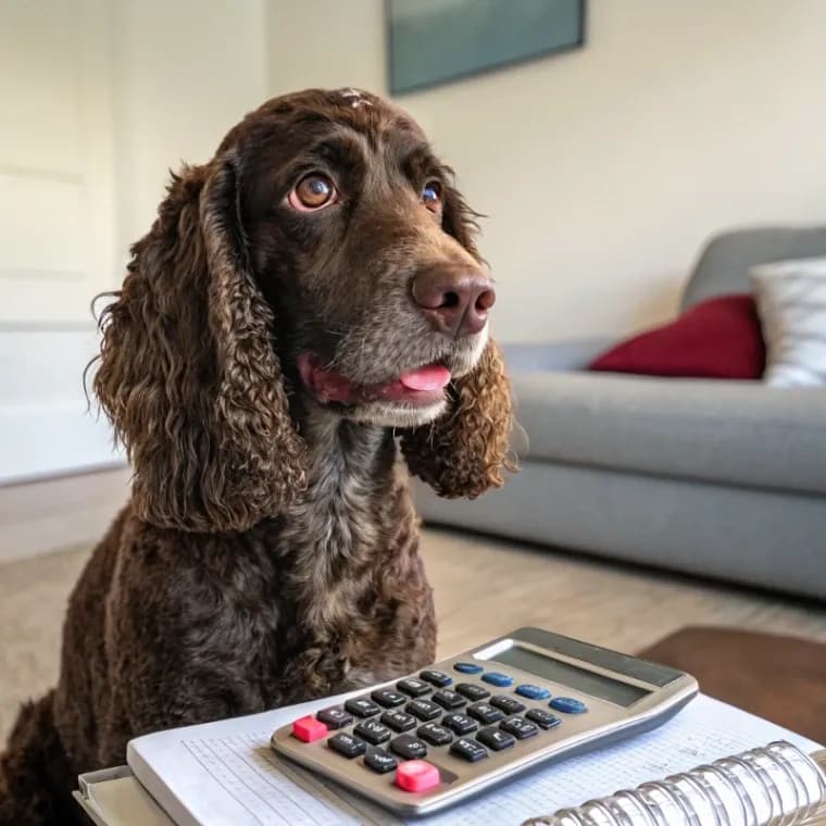 American Water Spaniel sitting with a calculator