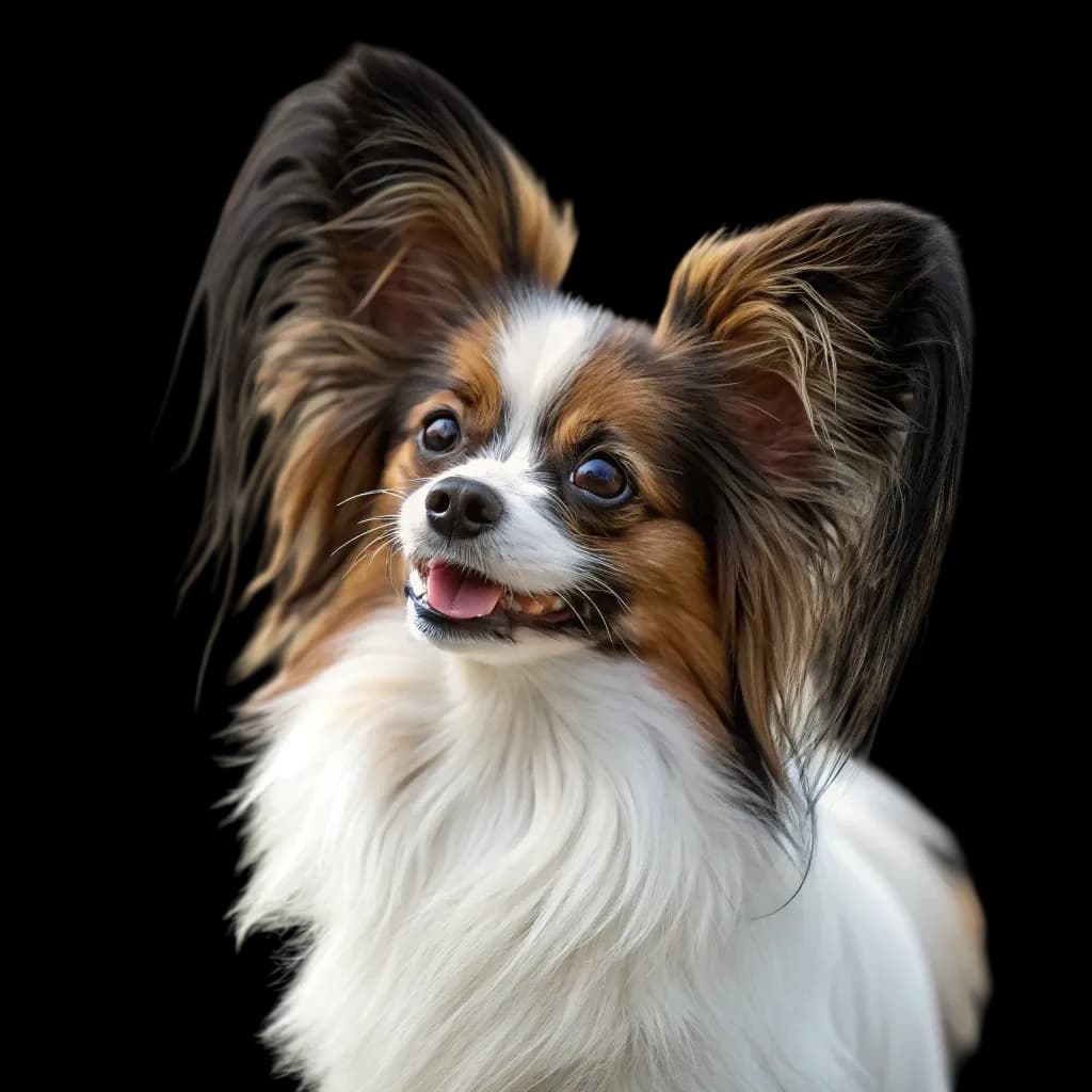 A headshot of a papillon dog