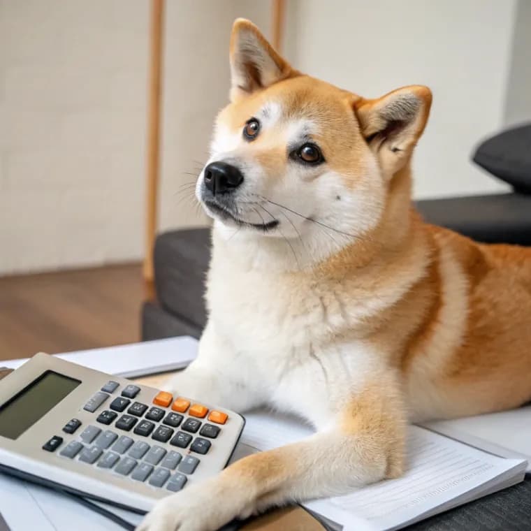 An Akita dog sitting with a notebook and calculator