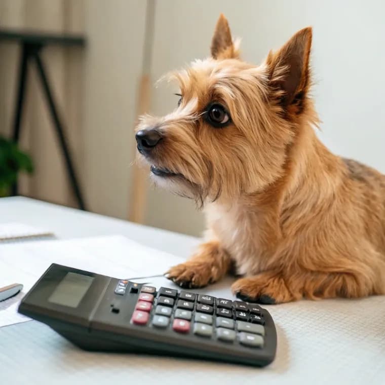 Norwich Terrier sitting with a calculator