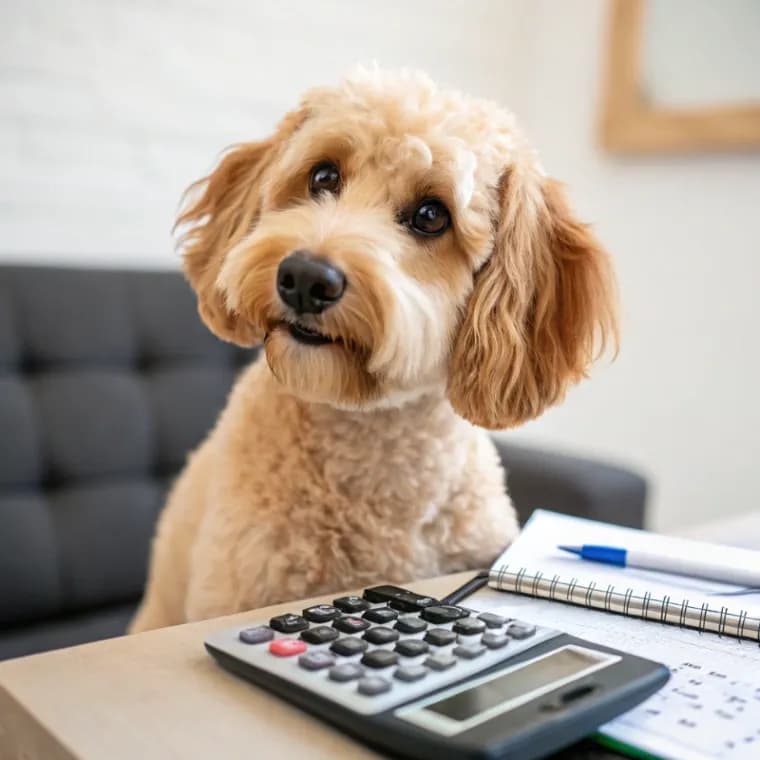 Australian Labradoodle sitting with a calculator