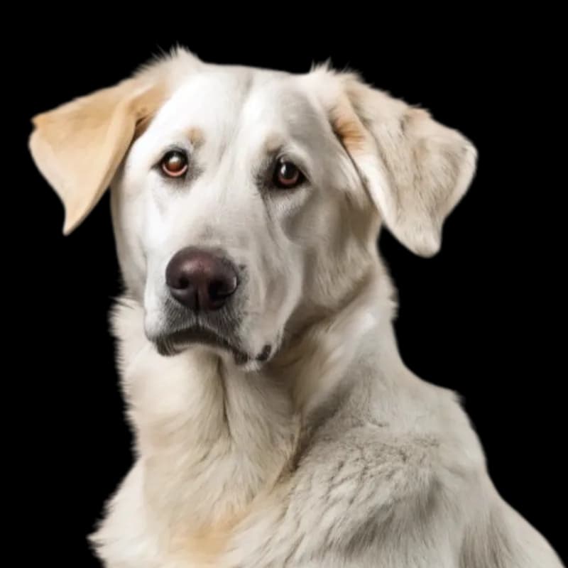 A headshot of an Akbash dog