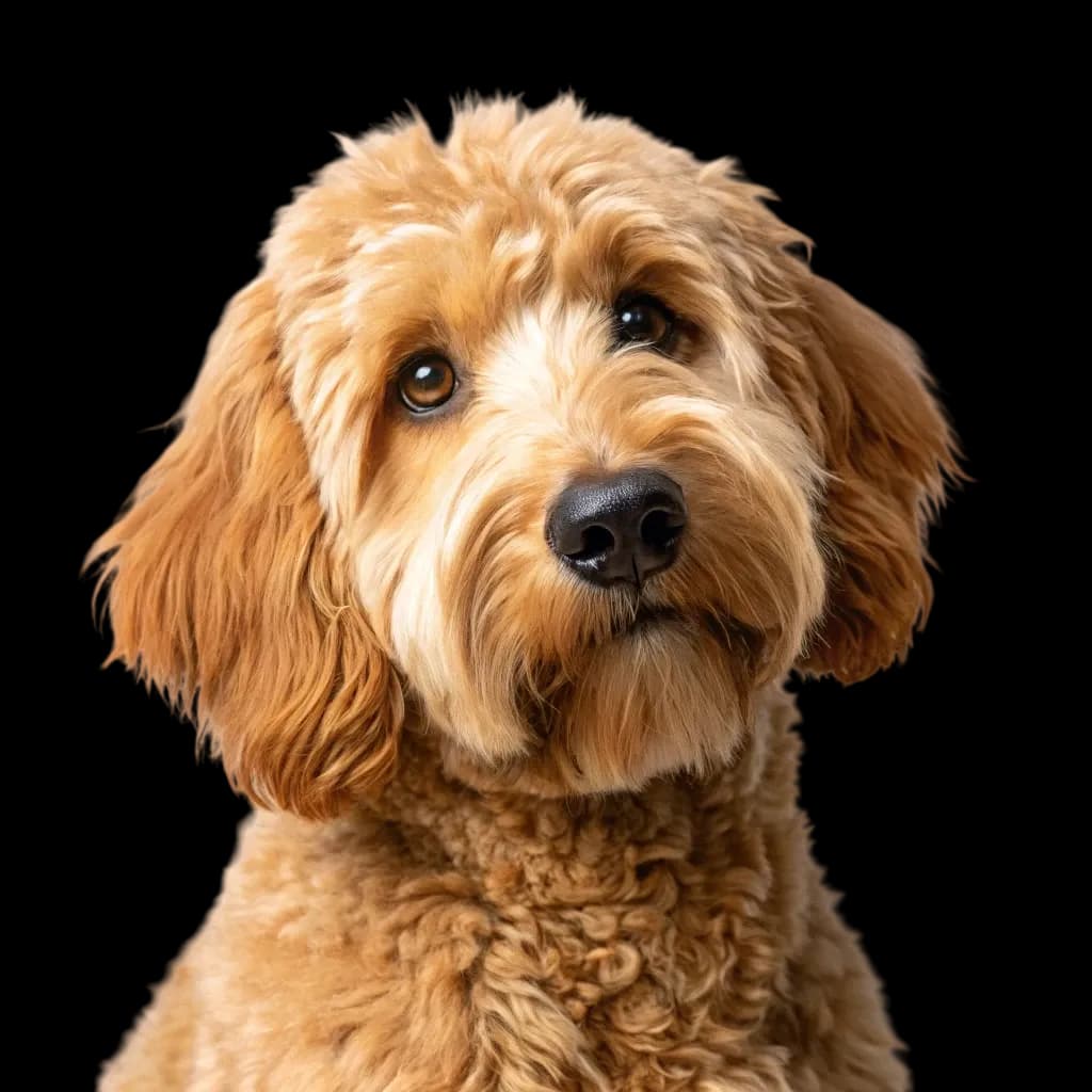 A headshot of an adorable mini goldendoodle with a golden fur coat