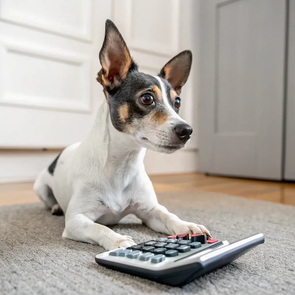 A rat terrier sitting on a grey carpet on the floor with a calculator