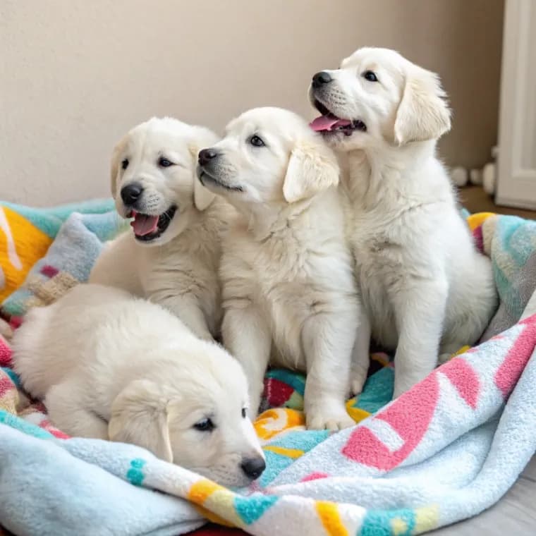 Four Akbash puppies sitting together on a blanket