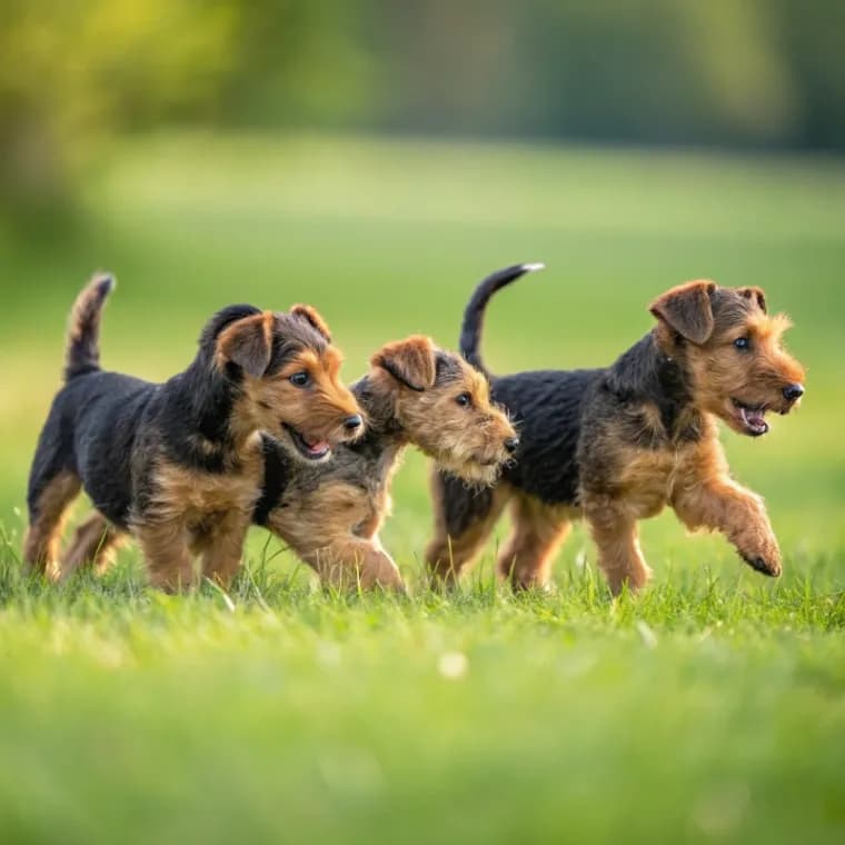Three Airedale Terrier puppies playing on the grass
