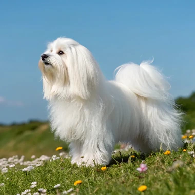 A photo of a Bolognese dog standing outside in a fiield with flowers.