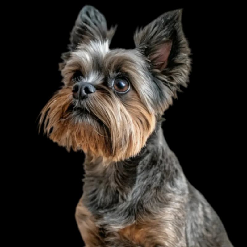 A headshot photo of an Affenpinscher dog with black and brown fur