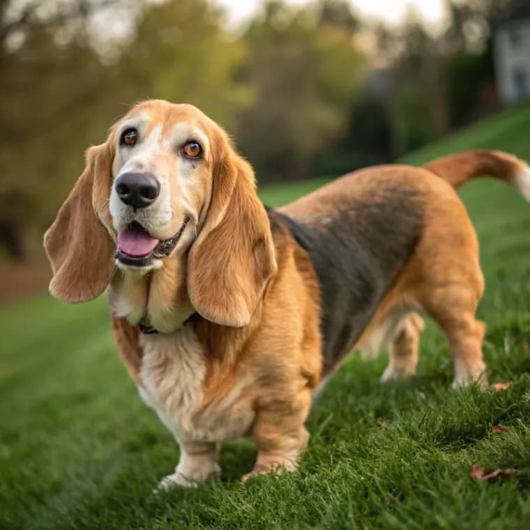 A full body photo of a Basset Retriever with golden and brown and black fur outside on the grass