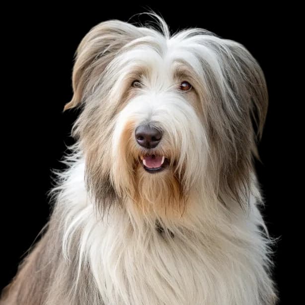 A headshot photo of a Bearded Collie dog with grey and white shaggy fur