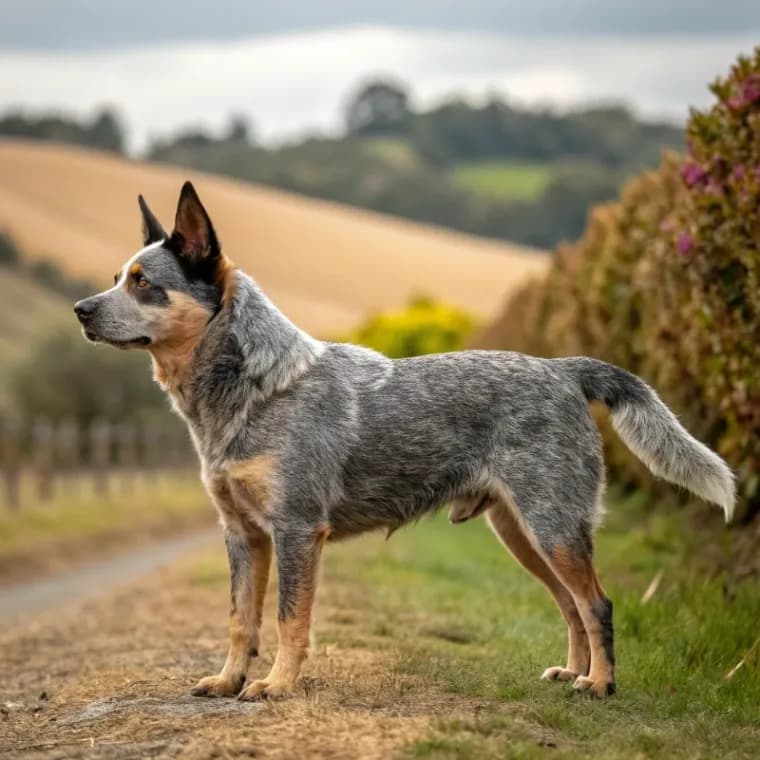 A grey and brown A headshot of an Australian Stumpy Tail Cattle Dog standing sideways with a profile view outside