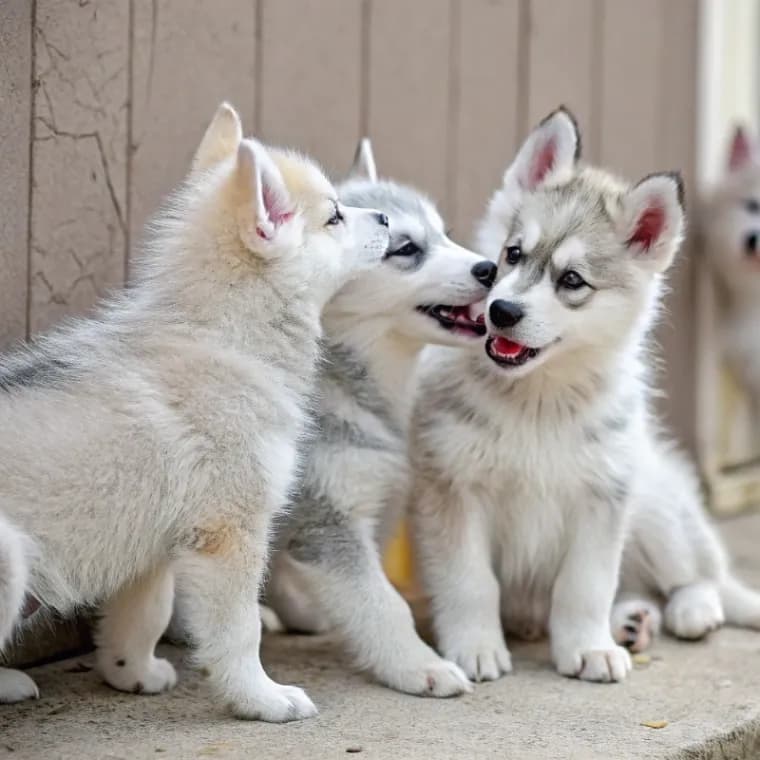 Three Alaskan Klee Kai puppies with light fur