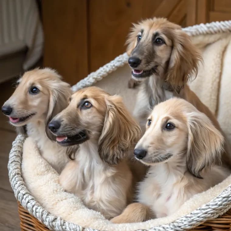 Four Afghan Hound puppies sitting together inside their dog bed